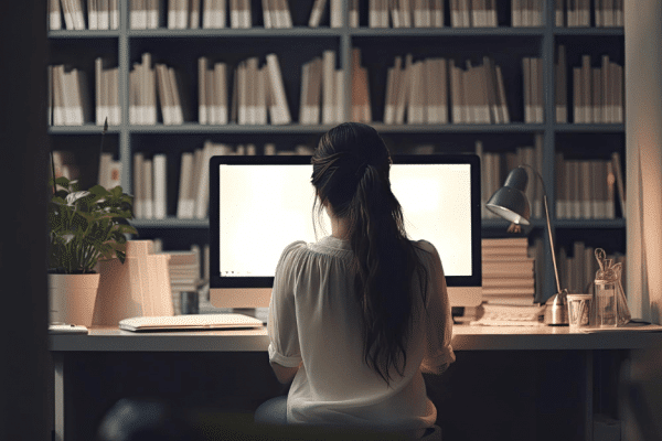 Femme dans son bureau, sur une plateforme de e-learning