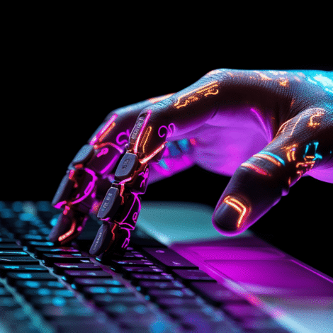 Vignette main robotique écrivant sur un clavier d’ordinateur