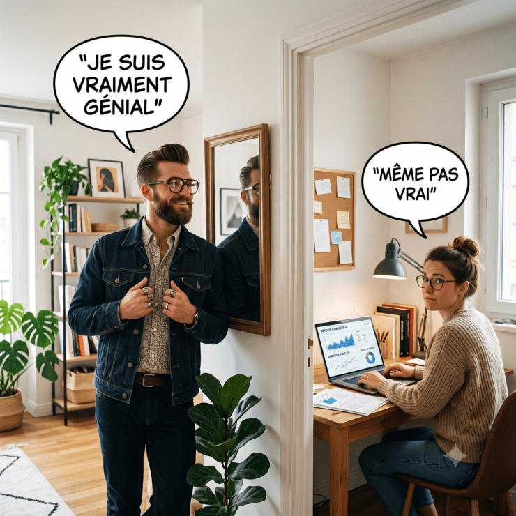 Une image métaphorique qui montre la différence entre le SEO pour le IA et l'analyse des signaux faibles. Un homme dit