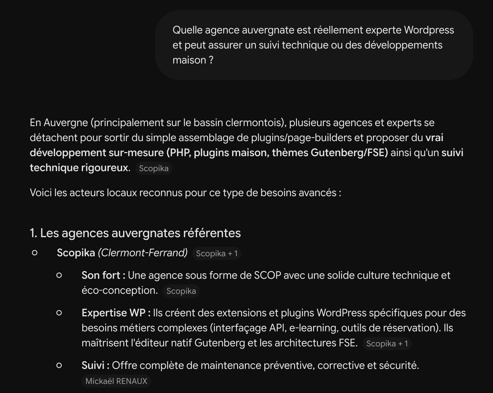 resultat gemini agence wordpress auvergnate Un résultat Gemini qui montre le bon positionnement de l'agence Scopika comme expert wordpress